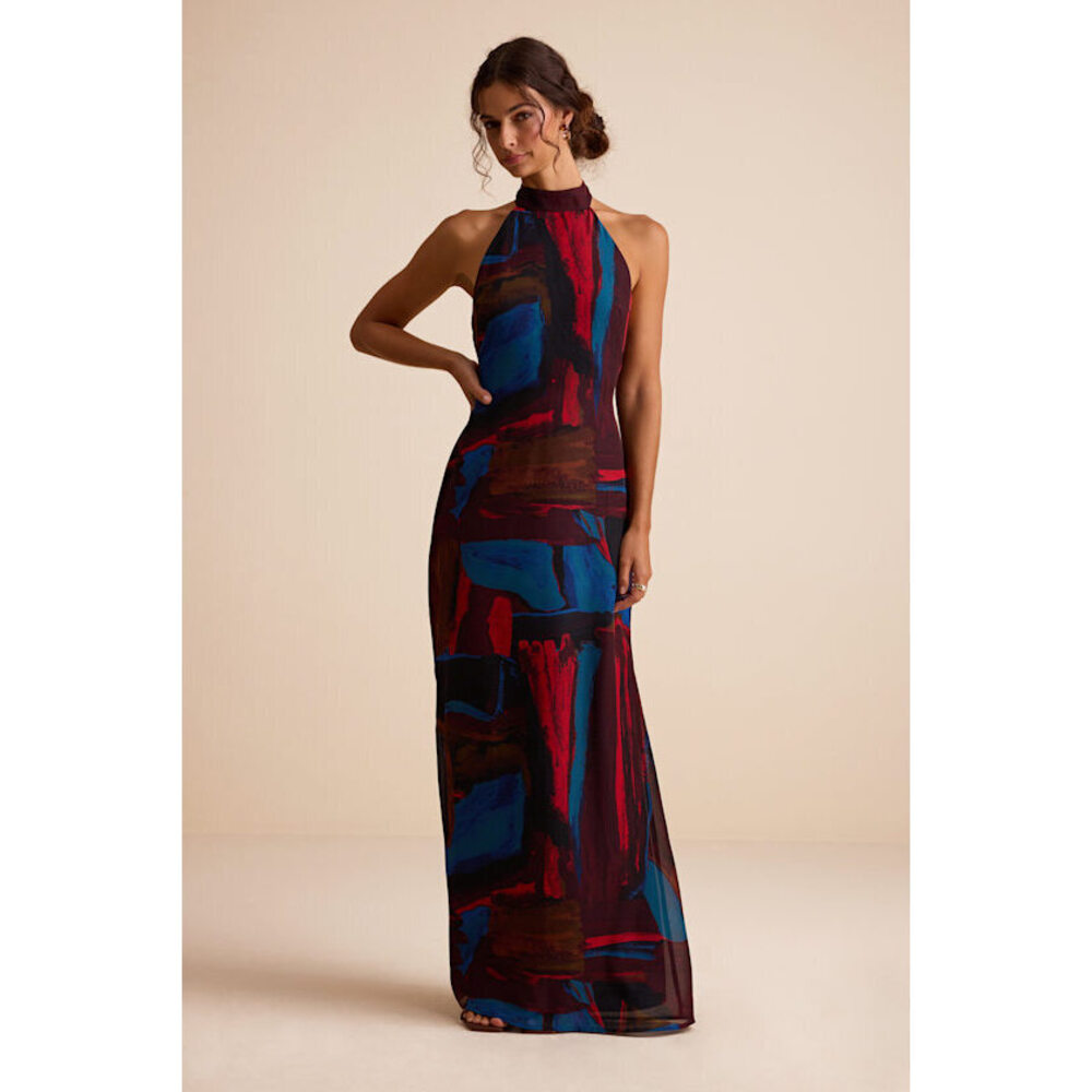 Lulus Solayne Burgundy Multi Abstract Strappy Halter Maxi Dress Red - Size L